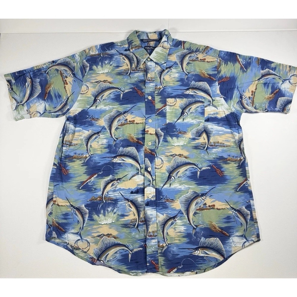 Nautica XL Hawaiian Fishing Shirt‎ Sailfish Marlin Aloha Camp Button Up Blue
